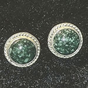 Vintage Sterling Silver and Green Agate Stud Earrings